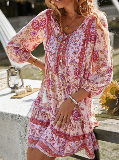 Maya - Women's Bohemian Floral Print Dress with V-Neck and Tiered Skirt - photo 2