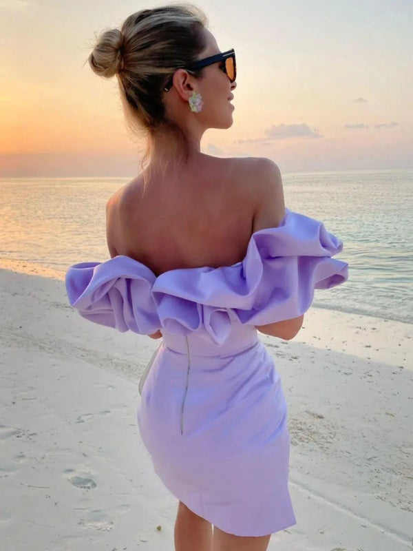 Helena - Women's Ruffled Neckline Off-Shoulder Mini Dress with Fitted Silhouette - photo 13