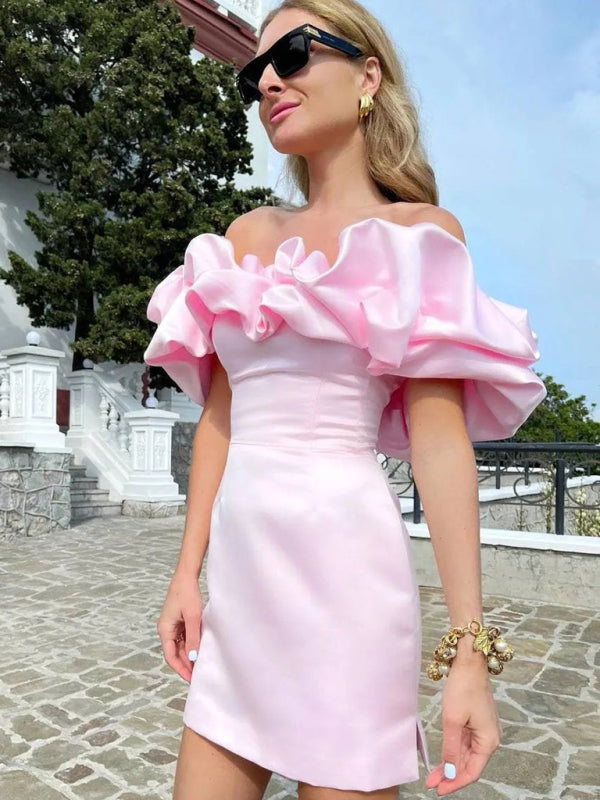 Helena - Women's Ruffled Neckline Off-Shoulder Mini Dress with Fitted Silhouette - photo 10