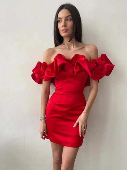 Helena - Women's Ruffled Neckline Off-Shoulder Mini Dress with Fitted Silhouette - photo 2