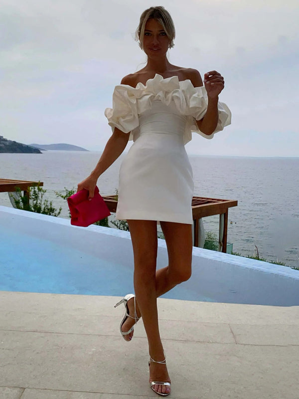 Helena - Women's Ruffled Neckline Off-Shoulder Mini Dress with Fitted Silhouette - photo 7
