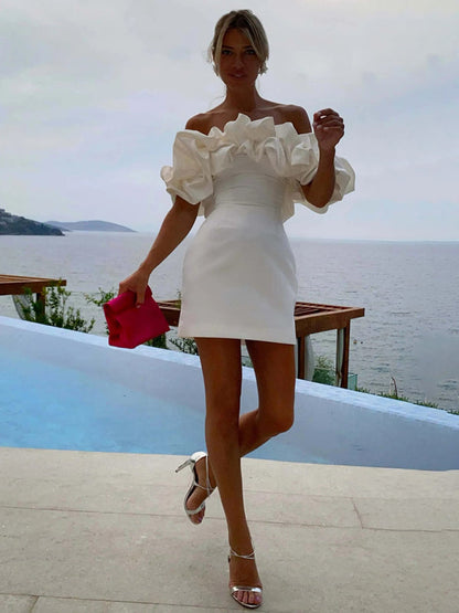 Helena - Women's Ruffled Neckline Off-Shoulder Mini Dress with Fitted Silhouette - photo 7