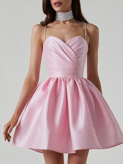 Lorelai - Women's Sweetheart Neckline Mini Dress with Rhinestone Straps and Pleated Skirt - photo 7