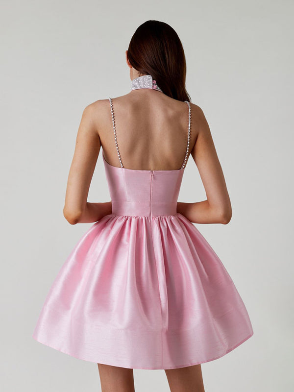 Lorelai - Women's Sweetheart Neckline Mini Dress with Rhinestone Straps and Pleated Skirt - photo 9