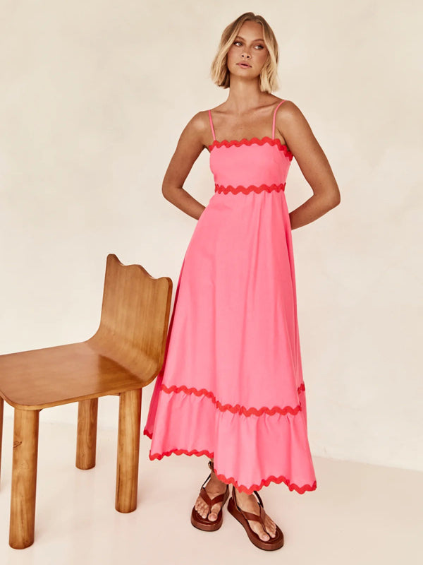Capri - Women's Wavy Trim Maxi Dress with Spaghetti Straps and A-line Silhouette - photo 1