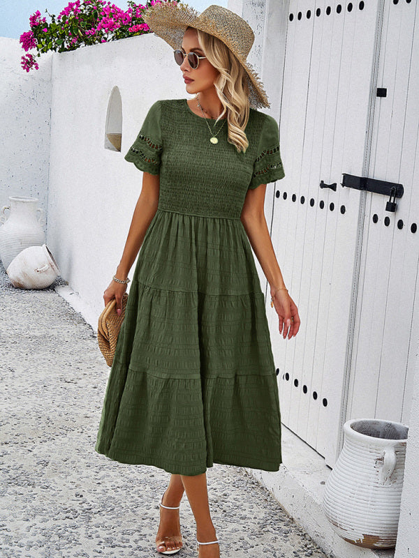 Alia - Women's Smocked Bodice Midi Dress with Hollow-Out Lace Sleeves - photo 3
