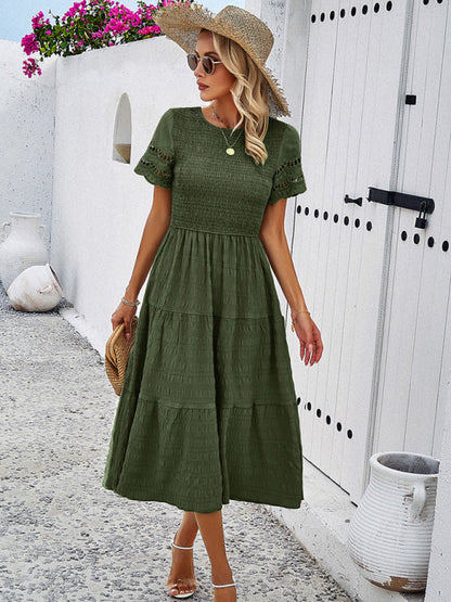 Alia - Women's Smocked Bodice Midi Dress with Hollow-Out Lace Sleeves - photo 3