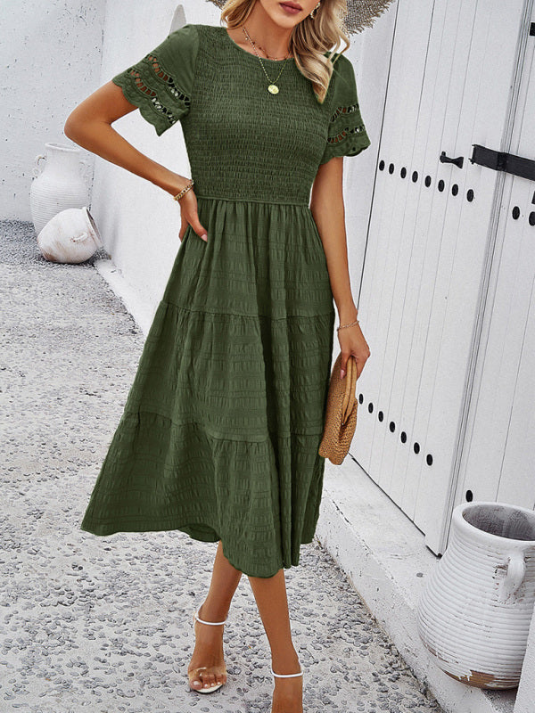 Alia - Women's Smocked Bodice Midi Dress with Hollow-Out Lace Sleeves - photo 1