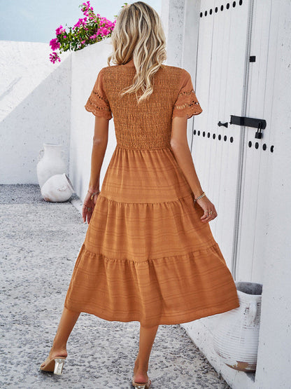 Alia - Women's Smocked Bodice Midi Dress with Hollow-Out Lace Sleeves - photo 8