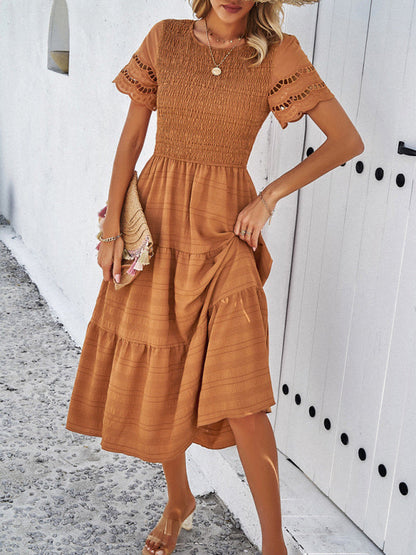 Alia - Women's Smocked Bodice Midi Dress with Hollow-Out Lace Sleeves - photo 10