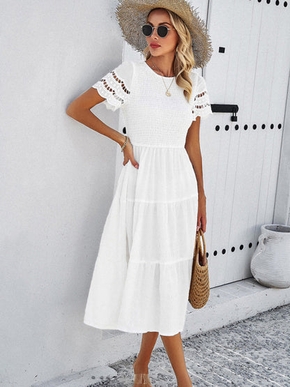 Alia - Women's Smocked Bodice Midi Dress with Hollow-Out Lace Sleeves - photo 14