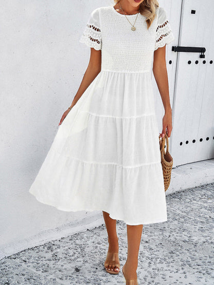Alia - Women's Smocked Bodice Midi Dress with Hollow-Out Lace Sleeves - photo 12