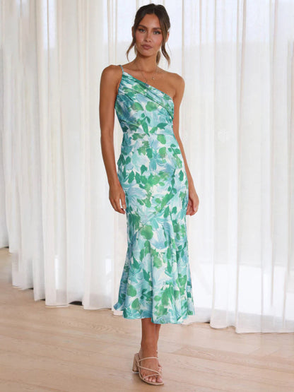 Paige - Women's Asymmetrical Neckline Floral Print Midi Dress with Fishtail Hem - photo 8