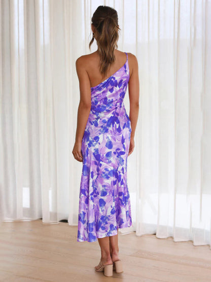Paige - Women's Asymmetrical Neckline Floral Print Midi Dress with Fishtail Hem - photo 3