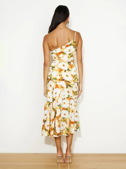 Paige - Women's Asymmetrical Neckline Floral Print Midi Dress with Fishtail Hem - photo 10