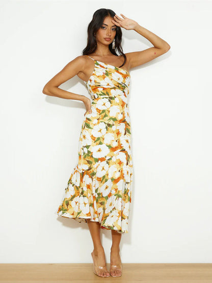 Paige - Women's Asymmetrical Neckline Floral Print Midi Dress with Fishtail Hem - photo 9