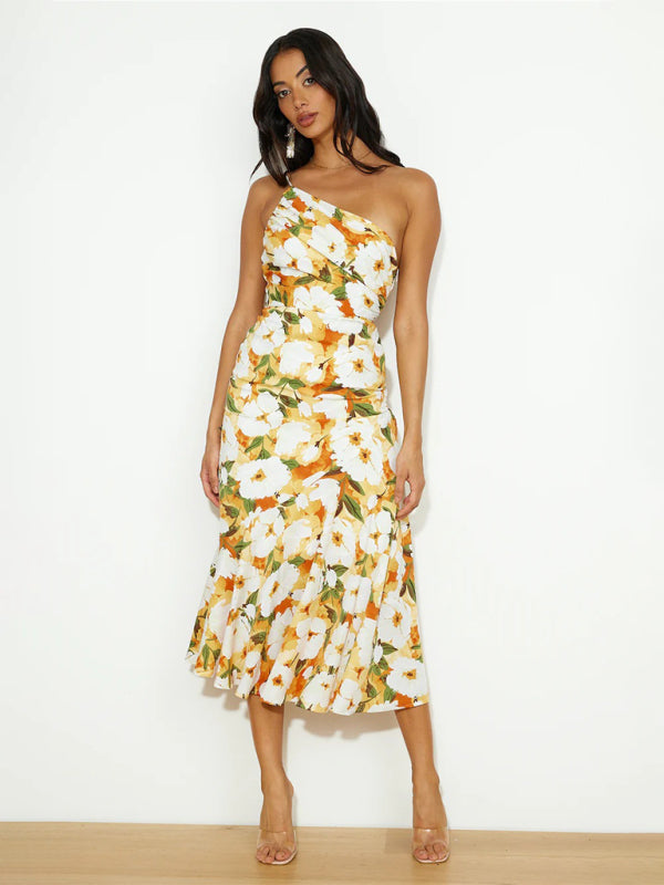 Paige - Women's Asymmetrical Neckline Floral Print Midi Dress with Fishtail Hem - photo 12