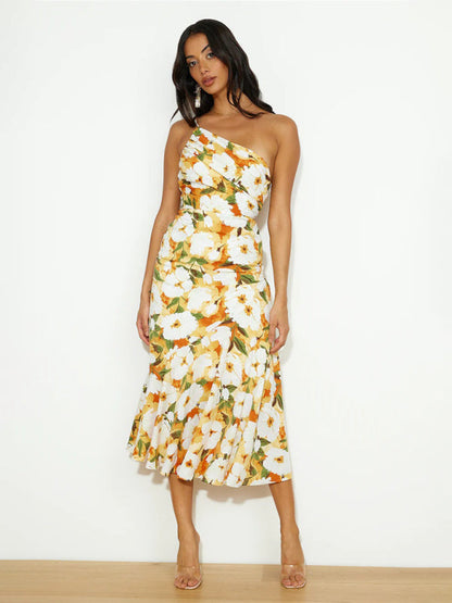 Paige - Women's Asymmetrical Neckline Floral Print Midi Dress with Fishtail Hem - photo 12
