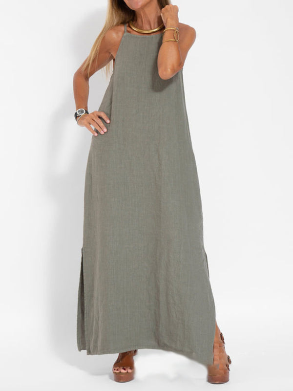 Eve - Women's Halter Maxi Dress with Side Slit and Cotton Linen Blend - photo 2