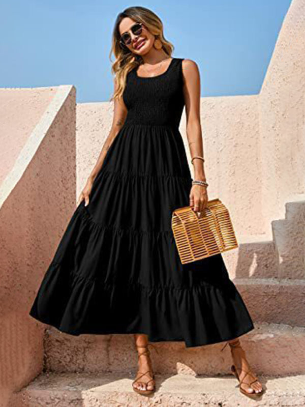 Regina - Women's Smocked Bodice Maxi Dress with Tiered Pleated A-line Skirt - photo 12