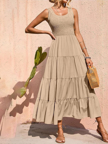 Regina - Women's Smocked Bodice Maxi Dress with Tiered Pleated A-line Skirt - photo 6