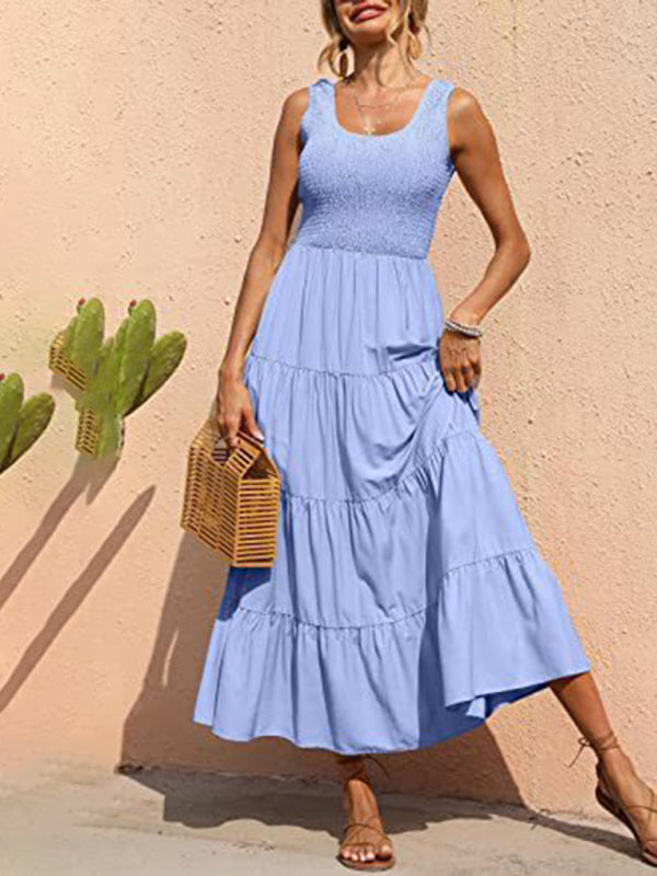 Regina - Women's Smocked Bodice Maxi Dress with Tiered Pleated A-line Skirt - photo 9