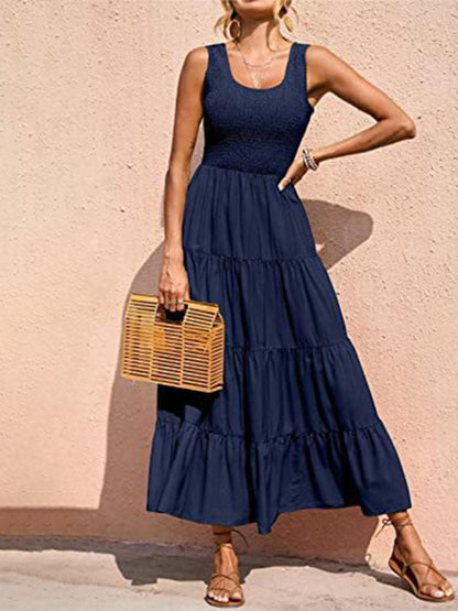Regina - Women's Smocked Bodice Maxi Dress with Tiered Pleated A-line Skirt - photo 13