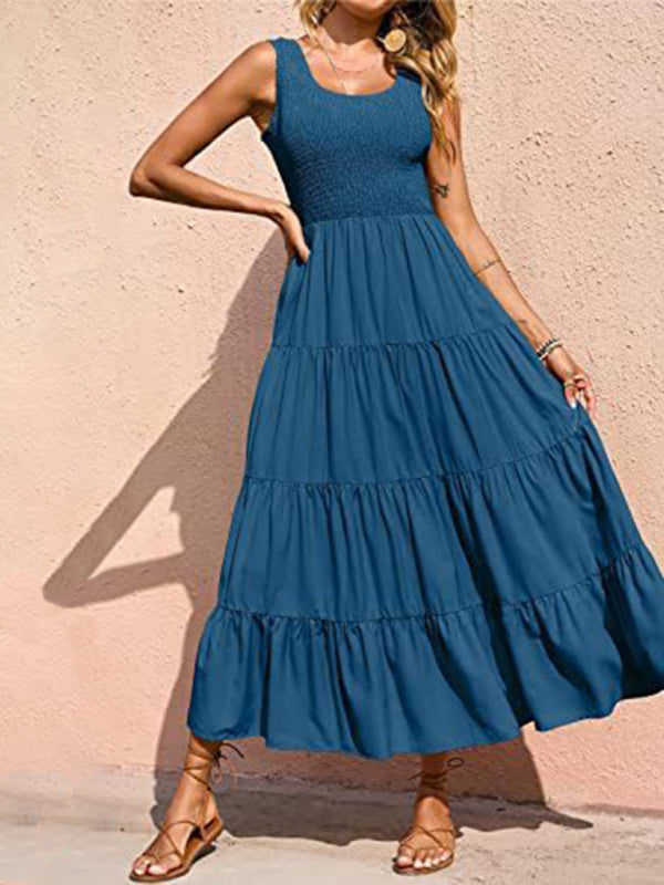 Regina - Women's Smocked Bodice Maxi Dress with Tiered Pleated A-line Skirt - photo 8