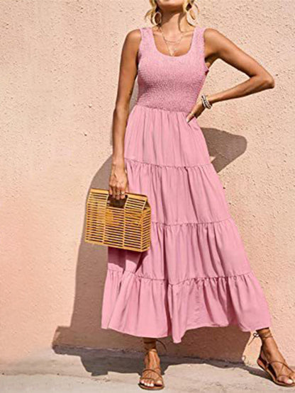 Regina - Women's Smocked Bodice Maxi Dress with Tiered Pleated A-line Skirt - photo 5