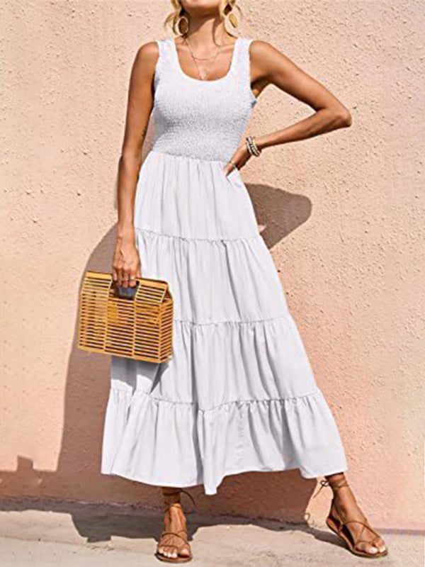 Regina - Women's Smocked Bodice Maxi Dress with Tiered Pleated A-line Skirt - photo 3