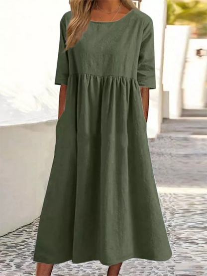 Cheyenne - Round Neck Midi Dress with Gathered Waist (Plus Size Available) - photo 1