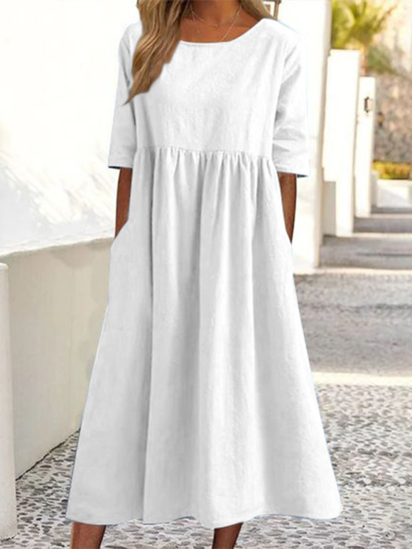 Cheyenne - Round Neck Midi Dress with Gathered Waist (Plus Size Available) - photo 5