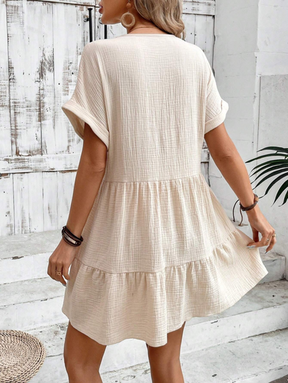 Nadia - Women's V-neck Mini Dress with Pleated Design and Textured Fabric - photo 3