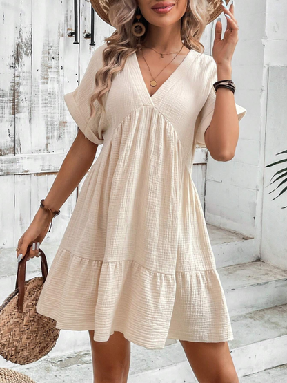 Nadia - Women's V-neck Mini Dress with Pleated Design and Textured Fabric - photo 1