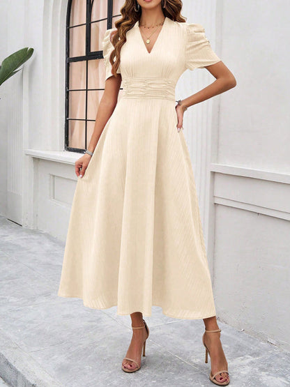 Cecily - Women's V-Neck Midi Dress with Puff Sleeves and Ruched Waist - photo 7