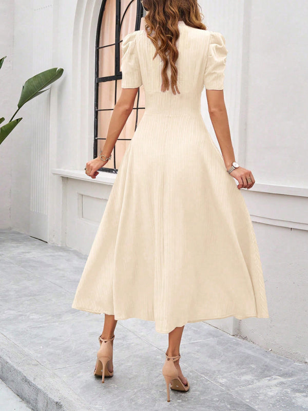 Cecily - Women's V-Neck Midi Dress with Puff Sleeves and Ruched Waist - photo 8