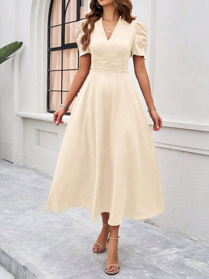 Cecily - Women's V-Neck Midi Dress with Puff Sleeves and Ruched Waist - photo 10