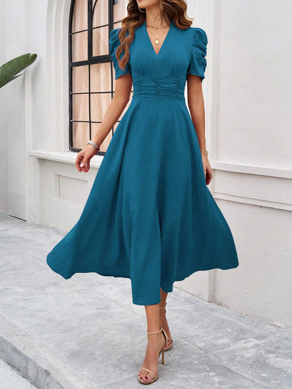 Cecily - Women's V-Neck Midi Dress with Puff Sleeves and Ruched Waist - photo 15