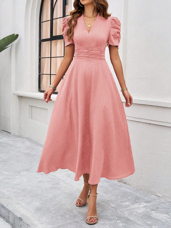 Cecily - Women's V-Neck Midi Dress with Puff Sleeves and Ruched Waist - photo 11