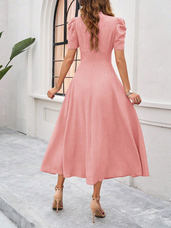 Cecily - Women's V-Neck Midi Dress with Puff Sleeves and Ruched Waist - photo 12
