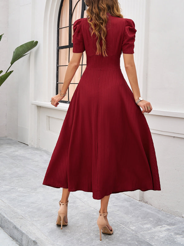 Cecily - Women's V-Neck Midi Dress with Puff Sleeves and Ruched Waist - photo 2