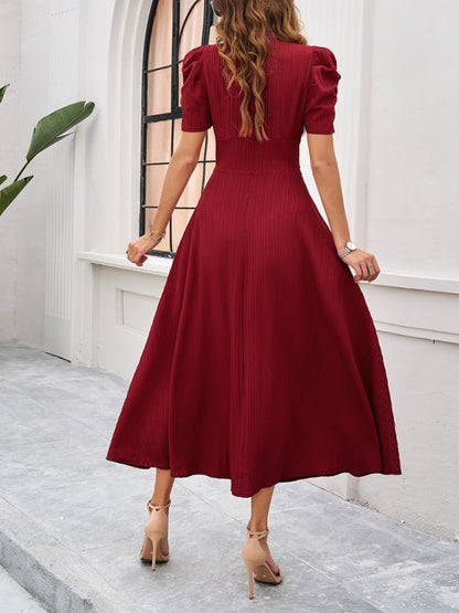 Cecily - Women's V-Neck Midi Dress with Puff Sleeves and Ruched Waist - photo 2