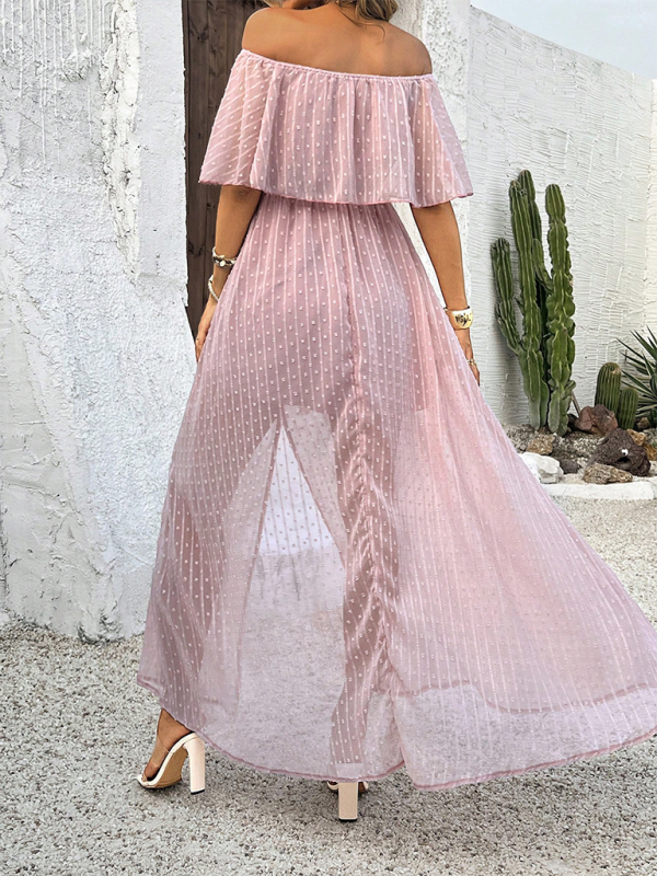 Mia - Women's Off-Shoulder Maxi Dress with Polka Dot Print and High Slit - photo 11