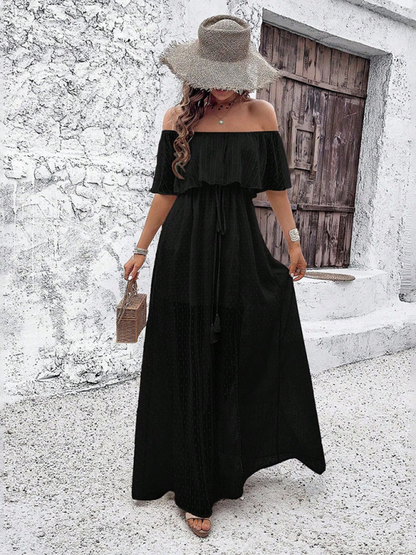 Mia - Women's Off-Shoulder Maxi Dress with Polka Dot Print and High Slit - photo 21