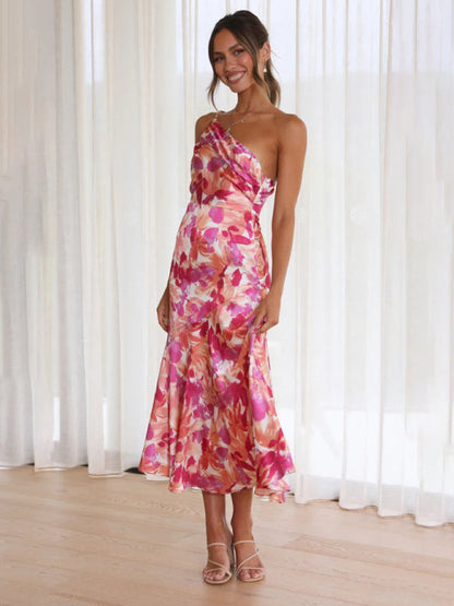 Paige - Women's Asymmetrical Neckline Floral Print Midi Dress with Fishtail Hem - photo 17