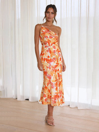 Paige - Women's Asymmetrical Neckline Floral Print Midi Dress with Fishtail Hem - photo 22